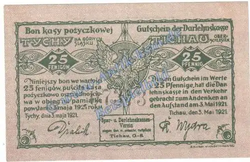 Tichau M-G 1322.1.a , Notgeld 25 Pfennig Schein in kfr. von 1921 , Oberschlesien Seriennotgeld