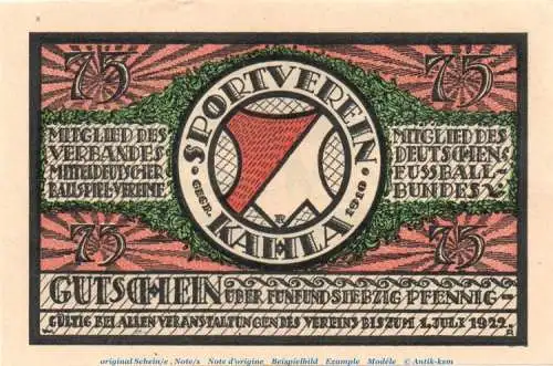 Notgeld Sportverein Kahla 667.1 , 75 Pfennig Schein Nr 6 gepunktet in kfr. o.D. Thüringen Seriennotgeld