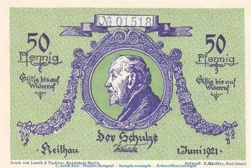 Notgeld Gemeinde Keilhau 683.2.a , 50 Pfennig Schein Nr.3 in kfr. von 1921 , Thüringen Seriennotgeld