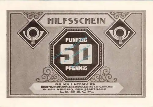 Lübeck , Notgeld 50 Pfennig Schein Nr.3 unc-kfr. M-G 826.14 , Schleswig Holstein 1921 Seriennotgeld