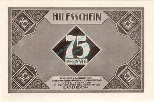 Lübeck , Notgeld 75 Pfennig Schein Nr.3 unc-kfr. M-G 826.14 , Schleswig Holstein 1921 Seriennotgeld