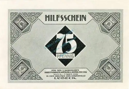 Lübeck , Notgeld 75 Pfennig Schein Nr.2 unc-kfr. M-G 826.17 , Schleswig Holstein 1921 Seriennotgeld