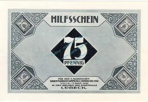 Lübeck , Notgeld 75 Pfennig Schein Nr.1 unc-kfr. M-G 826.11 , Schleswig Holstein 1921 Seriennotgeld