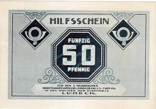 Lübeck , Notgeld 50 Pfennig Schein Nr.1 unc-kfr. M-G 826.12 , Schleswig Holstein 1921 Seriennotgeld