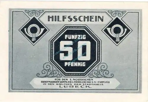 Lübeck , Notgeld 50 Pfennig Schein Nr.3 unc-kfr. M-G 826.11 , Schleswig Holstein 1921 Seriennotgeld