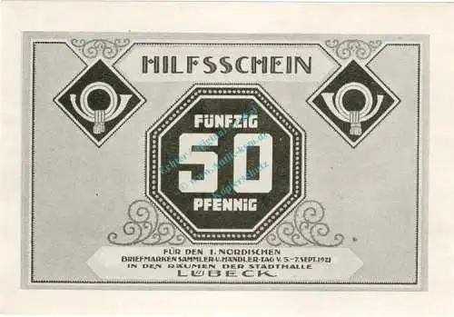 Lübeck , Notgeld 50 Pfennig Schein Nr.2 unc-kfr. M-G 826.17 , Schleswig Holstein 1921 Seriennotgeld