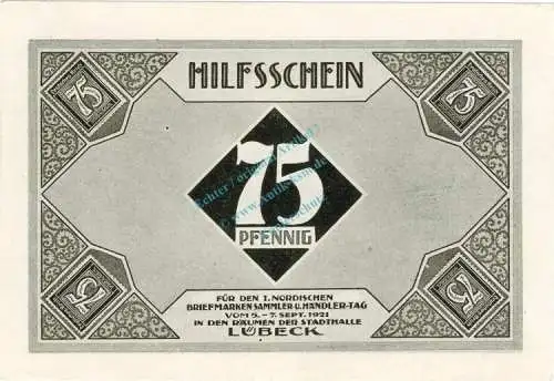 Lübeck , Notgeld 75 Pfennig Schein Nr.2 unc-kfr. M-G 826.7 , Schleswig Holstein 1921 Seriennotgeld