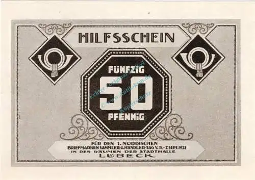 Lübeck , Notgeld 50 Pfennig Schein Nr.4 unc-kfr. M-G 826.1 , Schleswig Holstein 1921 Seriennotgeld