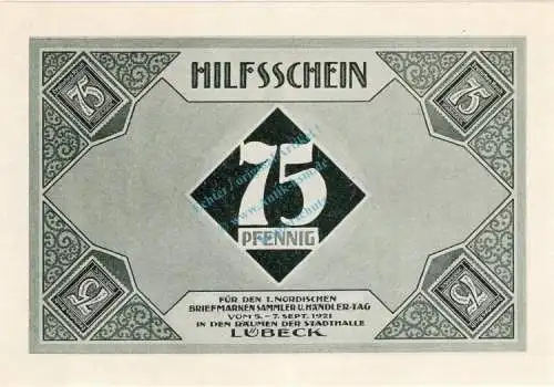 Lübeck , Notgeld 75 Pfennig Schein Nr.4 unc-kfr. M-G 826.6 , Schleswig Holstein 1921 Seriennotgeld