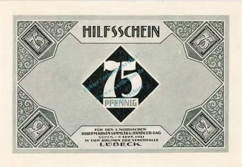 Lübeck , Notgeld 75 Pfennig Schein Nr.3 unc-kfr. M-G 826.6 , Schleswig Holstein 1921 Seriennotgeld