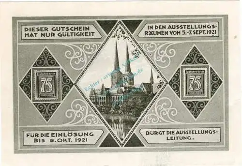 Lübeck , Notgeld 75 Pfennig Schein Nr.3 unc-kfr. M-G 826.1 , Schleswig Holstein 1921 Seriennotgeld