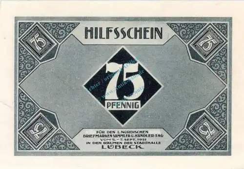 Lübeck , Notgeld 75 Pfennig Schein Nr.3 unc-kfr. M-G 826.1 , Schleswig Holstein 1921 Seriennotgeld