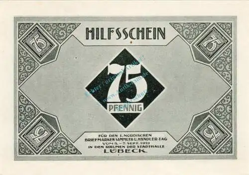 Lübeck , Notgeld 75 Pfennig Schein Nr.1 unc-kfr. M-G 826.6 , Schleswig Holstein 1921 Seriennotgeld