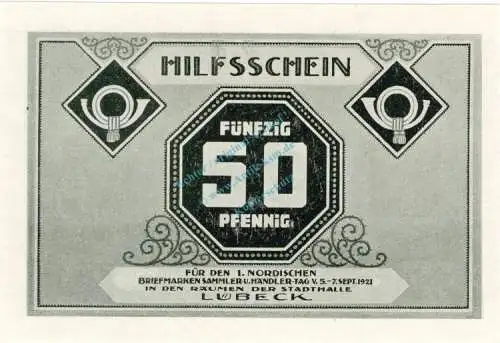 Lübeck , Notgeld 50 Pfennig Schein Nr.3 unc-kfr. M-G 826.8 , Schleswig Holstein 1921 Seriennotgeld