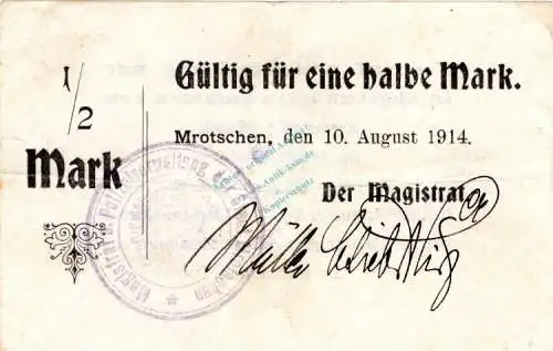 Mrotschen , Notgeld 1 halbe Mark Schein in gbr. Diessner 244.1 , Posen 1914 Notgeld 1914-15