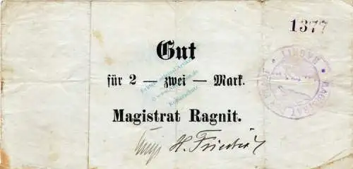 Ragnit , Notgeld 2 Mark Schein in gbr.E Diessner 304.3 , Ostpreussen o.D. Notgeld 1914-15