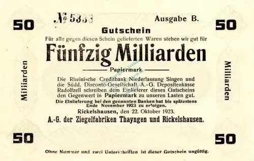 Rickelshausen , Banknote 50 Milliarden Mark unc-kfr. Keller 4570 , Baden 1923 Inflation