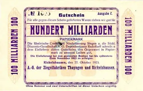 Rickelshausen , Banknote 100 Milliarden Mark unc-kfr. Keller 4570 , Baden 1923 Inflation