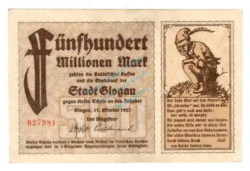 Glogau , Banknote 500 Millionen Mark Schein unc-kfr. Keller 1808.d , Schlesien 1923 Inflation