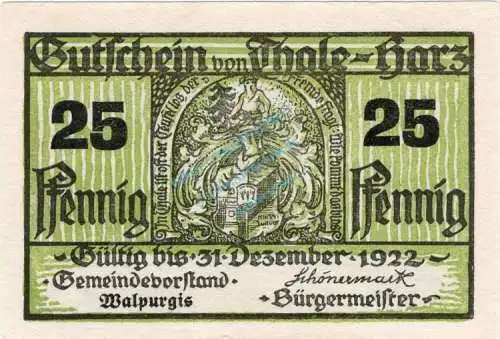 Thale , Notgeld 25 Pfennig Schein -grün- unc-kfr. M-G 1320.5 , Sachsen Anhalt o.D. Seriennotgeld