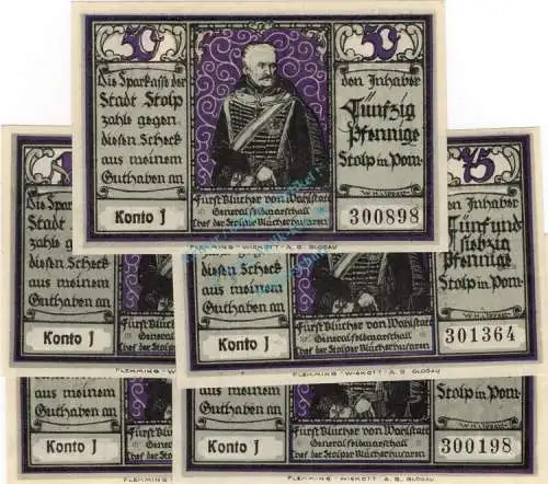 Stolp , Notgeld Set --5x WZ und 5x Kto.J-- unc-kfr. M-G 1275.6.a , Pommern o.D. Seriennotgeld