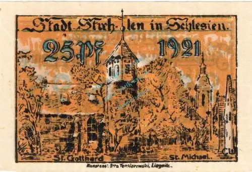 Strehlen , Notgeld 25 Pfennig --RS rotbraun-- unc-kfr. M-G 1282.1.e , Schlesien 1921 Seriennotgeld