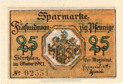 Strehlen , Notgeld 25 Pfennig --RS rotbraun-- unc-kfr. M-G 1282.1.e , Schlesien 1921 Seriennotgeld