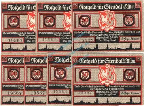 Stendal , Notgeld Set -- 7 x Nummerngleich -- unc-kfr. M-G 1267.1 , Sachsen Anhalt 1921 Seriennotgeld