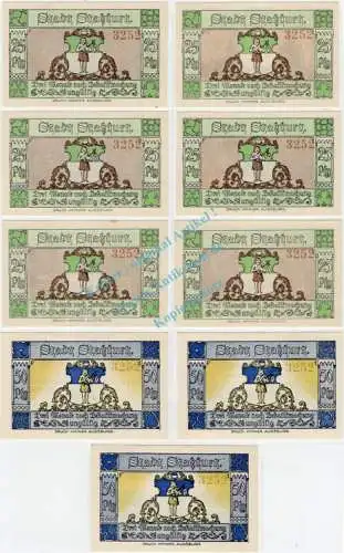 Stassfurt , 2 Notgeld Sets -- 9 x Nummerngleich -- unc-kfr. M-G 1256.1,3 , Sachsen Anhalt 1921 Seriennotgeld