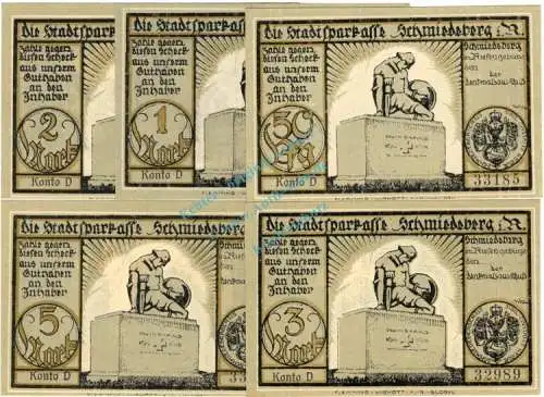 Schmiedeberg , Notgeld Set -- 5 x Konto D -- unc-kfr. M-G 1185.1.b , Schlesien o.D. Seriennotgeld