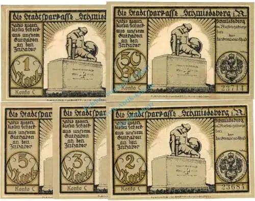 Schmiedeberg , Notgeld Set -- 5 x Konto C -- unc-kfr. M-G 1185.1.b , Schlesien o.D. Seriennotgeld