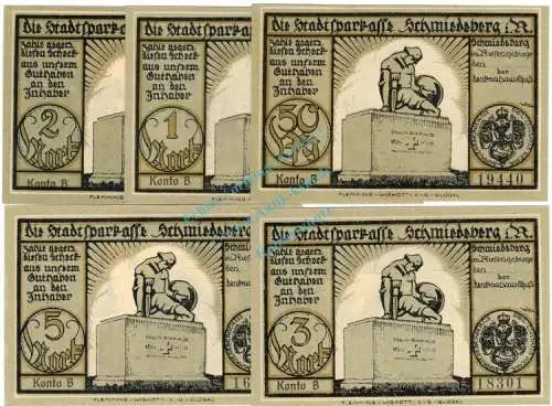 Schmiedeberg , Notgeld Set -- 5 x Konto B -- unc-kfr. M-G 1185.1.b , Schlesien o.D. Seriennotgeld