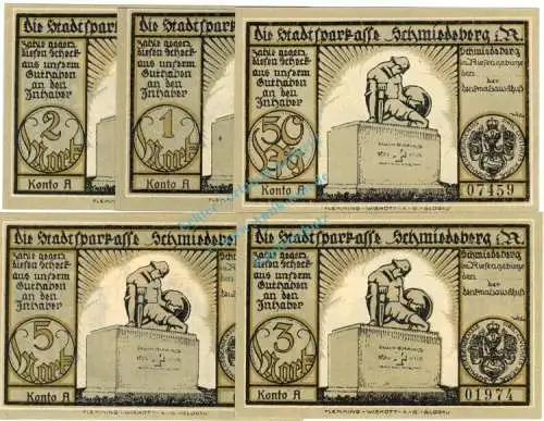 Schmiedeberg , Notgeld Set -- 5 x Konto A -- unc-kfr. M-G 1185.1.b , Schlesien o.D. Seriennotgeld