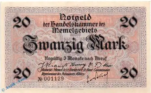 Notgeld , 20 Mark Schein in kfr. Memel , MEM-6 , Rosenberg 851 , P 6 , vom 22.02.1922 , deutsche Nebengebiete