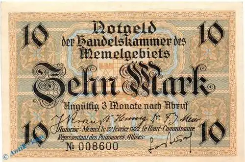 Notgeld , 10 Mark Schein in kfr. Memel , MEM-5 a,b , Rosenberg 850 , P 5 , vom 22.02.1922 , deutsche Nebengebiete