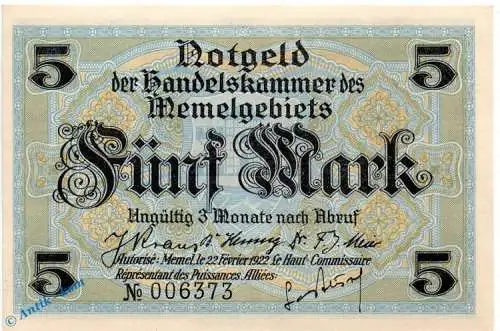 Memel , Banknote 5 Mark Schein in unc-kfr. MEM-4, Ros.849, P.4 , deutsche Nebengebiete 1922 Memel