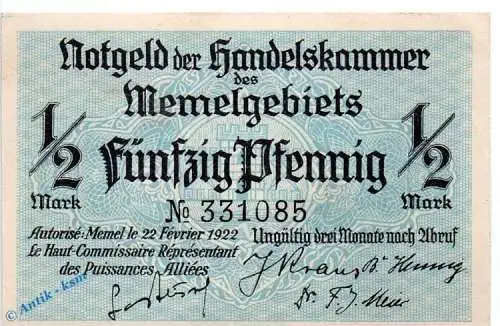 Notgeld , 1/2 Mark Schein in kfr. Memel , MEM-1 , Rosenberg 846 , P 1 , vom 22.02.1922 , deutsche Nebengebiete