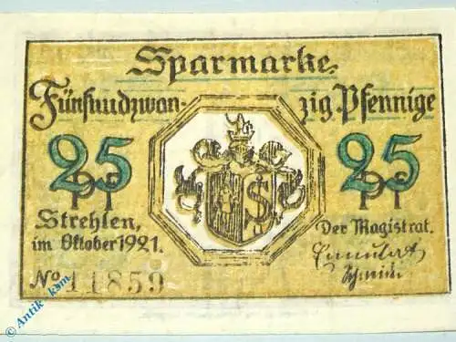 Notgeld Strehlen , Schlesien , Polen Strzelin , Einzelschein 25 Pfennig , Seriennotgeld , 1282.1 D , von 1921