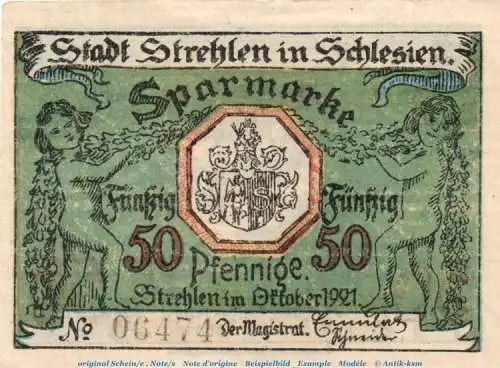 Notgeld Stadt Strehlen 1282.1.g , 50 Pfennig Granit -gelb- in kfr. von 1921 , Schlesien Seriennotgeld