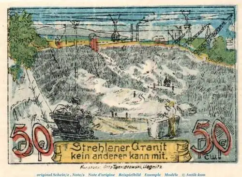 Notgeld Stadt Strehlen 1282.1.g , 50 Pfennig Granit -gelb- in kfr. von 1921 , Schlesien Seriennotgeld