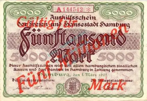 Hamburg , Banknote 5 Millionen Mark -Überdruck- gbr. Müller 1975.W1 , Hamburg 1923 Inflation