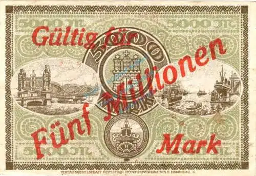 Hamburg , Banknote 5 Millionen Mark -Überdruck- gbr. Müller 1975.W1 , Hamburg 1923 Inflation