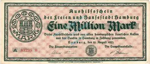 Hamburg , Banknote 1 Million Mark Schein gbr. Keller 2109.b , Hamburg 1923 Inflation