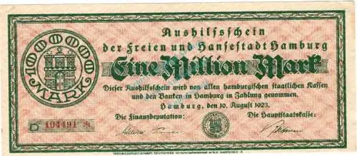 Hamburg , Banknote 1 Million Mark Schein f-kfr. Keller 2109.c , Hamburg 1923 Inflation