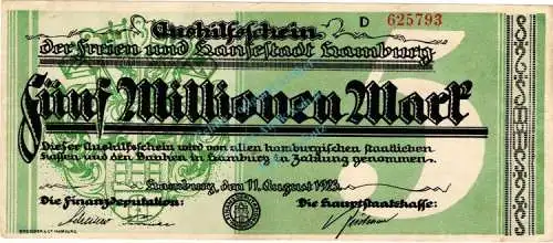 Hamburg , Banknote 5 Millionen Mark Schein gbr. Keller 2109.d-e , Hamburg 1923 Inflation