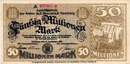 Hamburg , Banknote 50 Millionen Mark Schein unc-kfr. Keller 2109.n , Hamburg 1923 Inflation