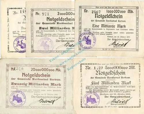 Borkum , Banknoten Set 5 Scheine -1 bis 20 Milliarden- gbr. Keller 535... Niedersachsen 1923 Inflation