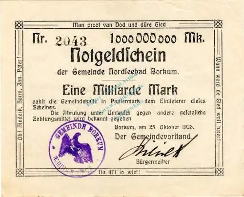 Borkum , Banknote 1 Milliarde Mark , L-gbr. Keller 535... Niedersachsen 1923 Inflation