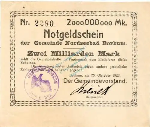 Borkum , Banknote 2 Milliarden Mark , L-gbr. Keller 535... Niedersachsen 1923 Inflation