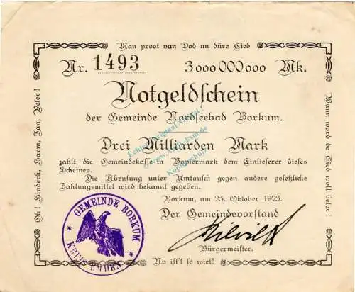 Borkum , Banknote 3 Milliarden Mark , L-gbr. Keller 535... Niedersachsen 1923 Inflation